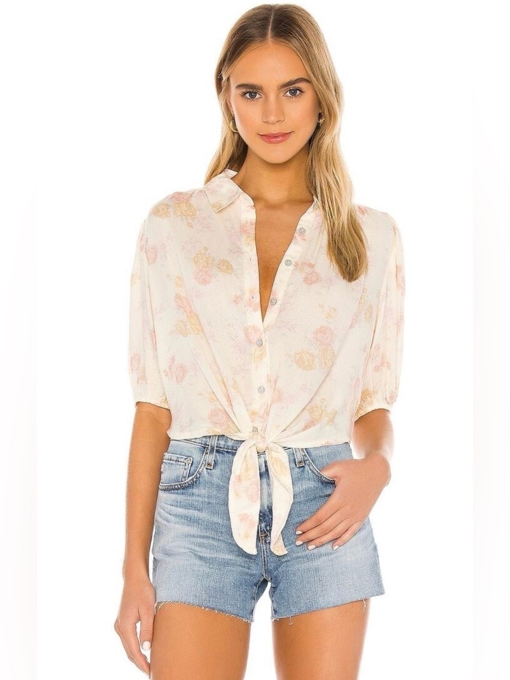 Free People Cream Floral Tie-Front Button Shirt Women’s XL